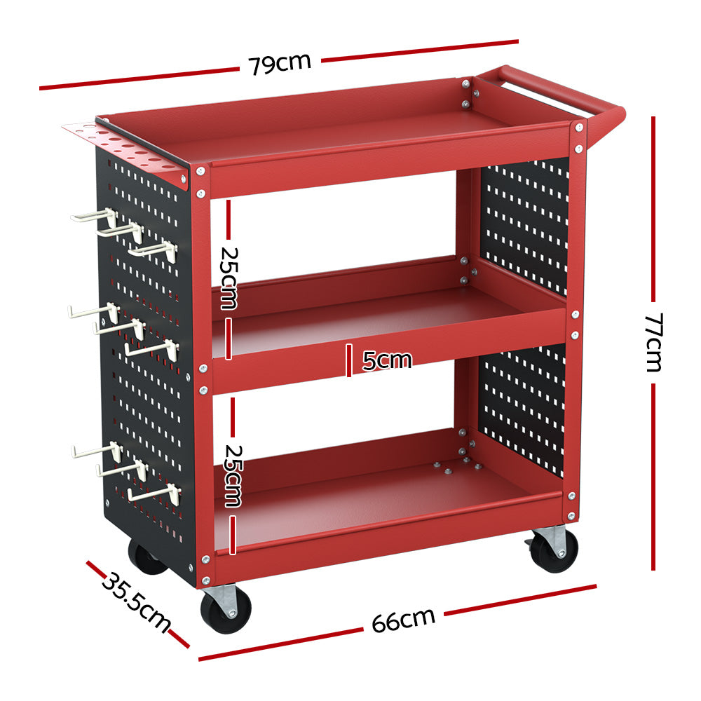 Giantz 3-Tier Tool Cart Storage Trolley Workshop Garage Pegboard Hooks Red