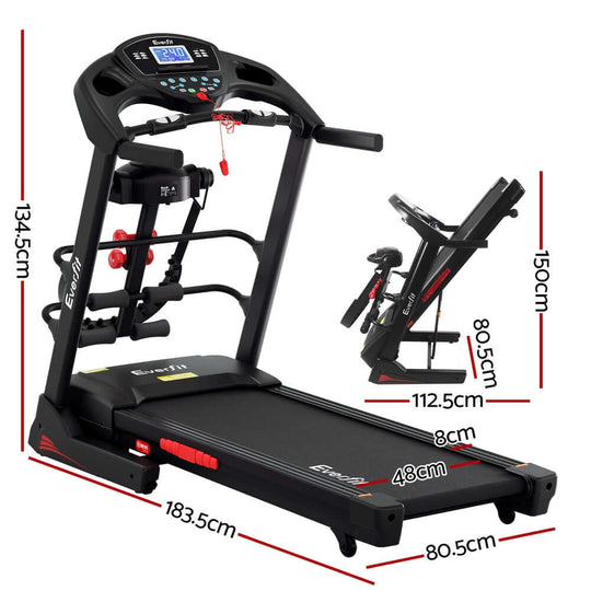 Everfit treadmill with massager, measuring 183.5cm x 80.5cm, ideal for affordable home gym workouts.