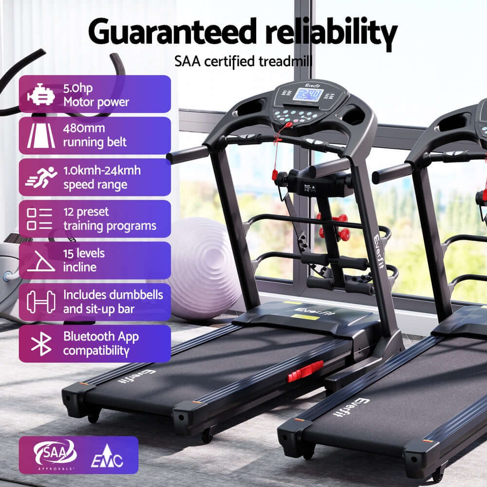 Everfit Treadmill features 5.0hp motor, 480mm running belt, 12 training programs, and Bluetooth app compatibility for a top-quality gym experience.