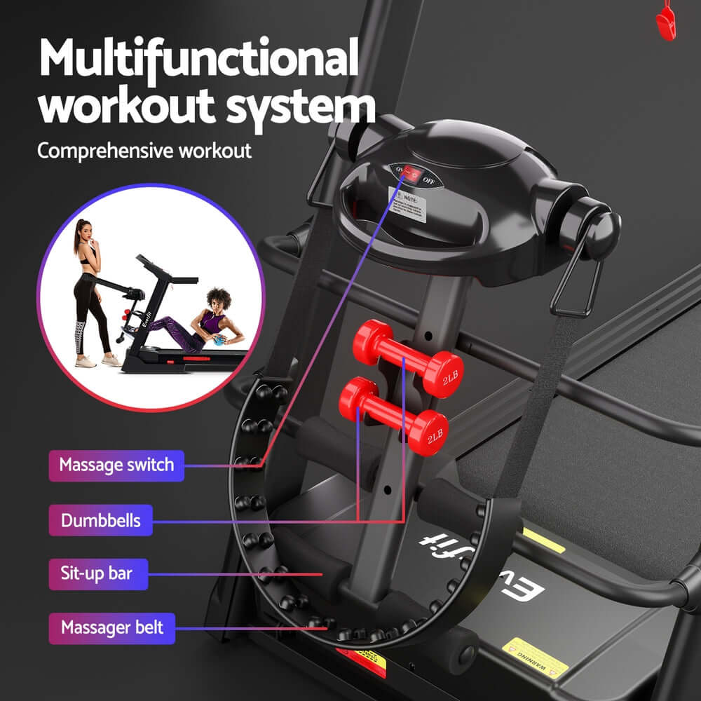 Everfit treadmill multipurpose workout system with massage switch, dumbbells, sit-up bar, and massager belt.