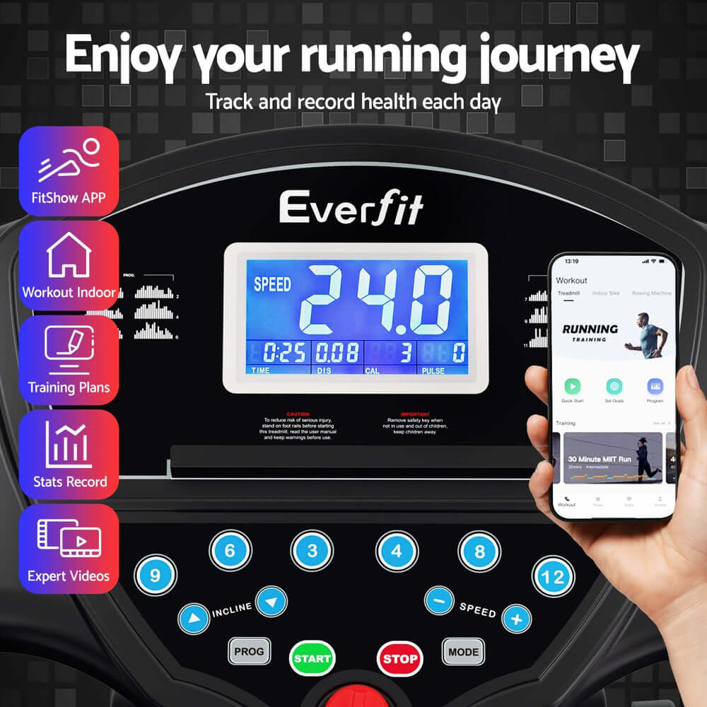 Everfit treadmill console with LCD display and FitShow app for tracking workouts and health data.