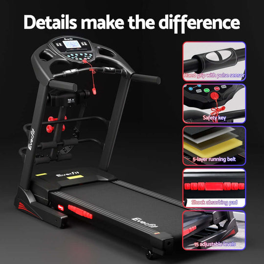 Everfit treadmill features a 5-layer running belt, adjustable levels, safety key, and user-friendly control panel for quality workouts.