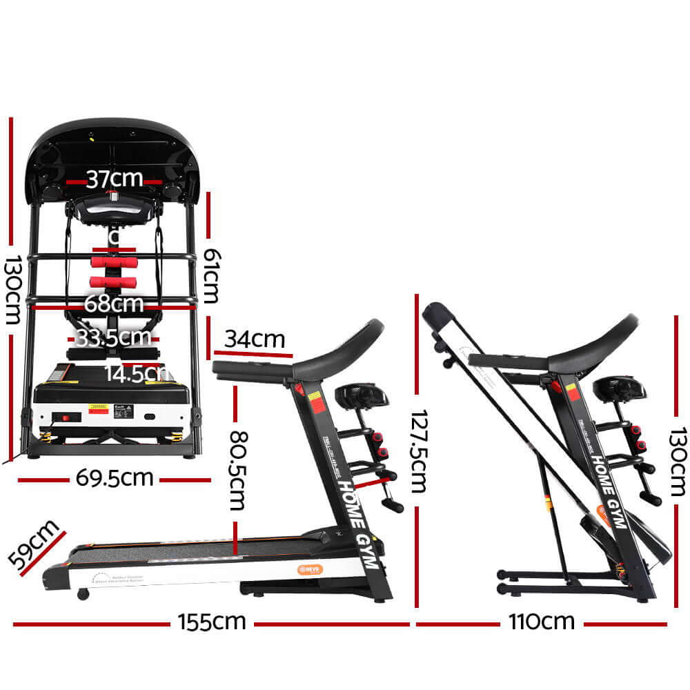 Everfit treadmill dimensions with clear measurements and labels for home gym fitness machine. Affordable and quality design.