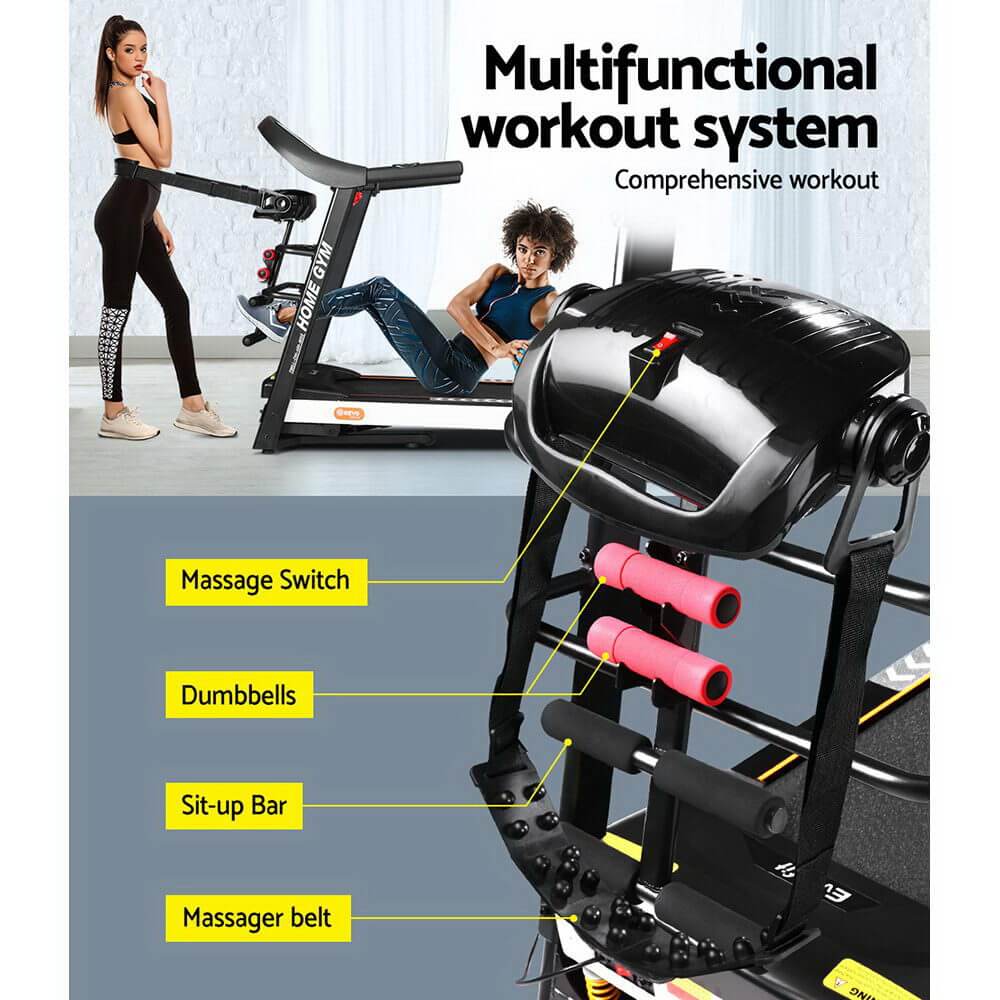 Multifunctional workout system featuring treadmill, dumbbells, sit-up bar, and massager for a comprehensive home exercise experience.