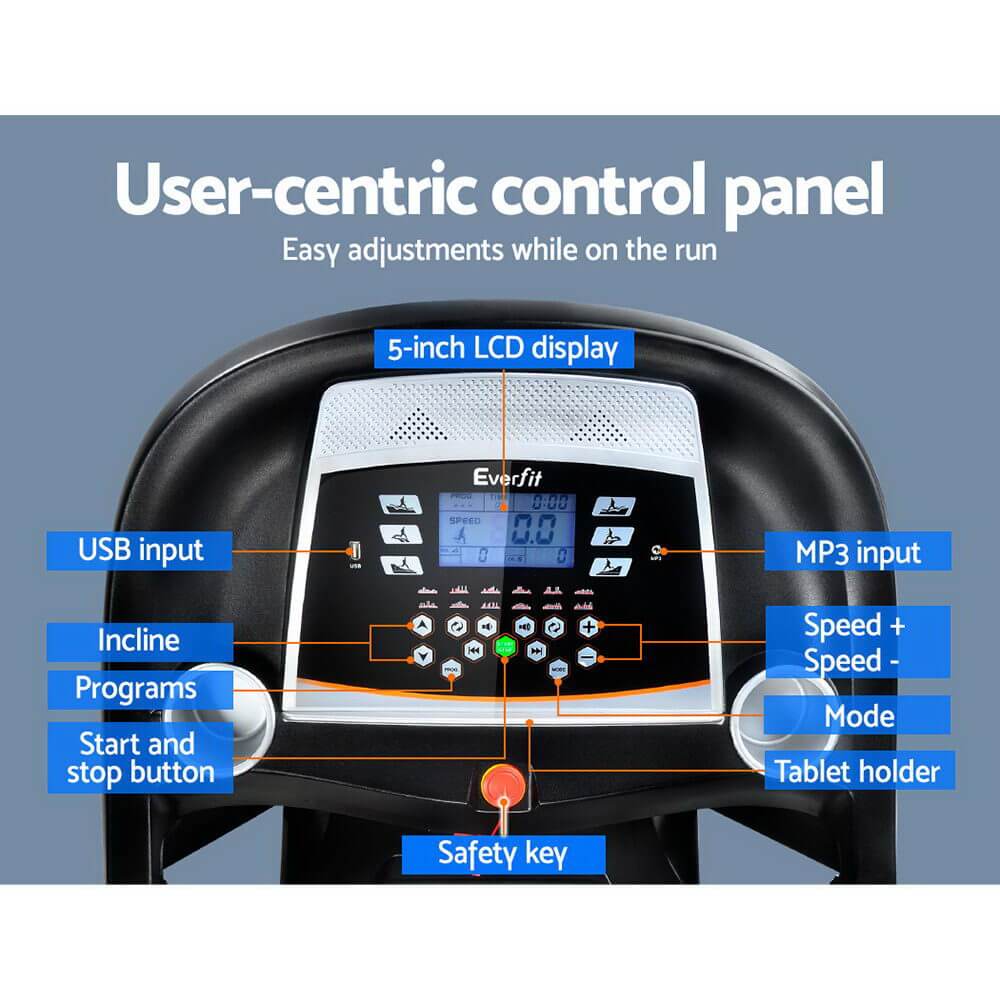 User-centric control panel of Everfit treadmill featuring 5-inch LCD display, USB, MP3 input, and speed controls for easy adjustments.