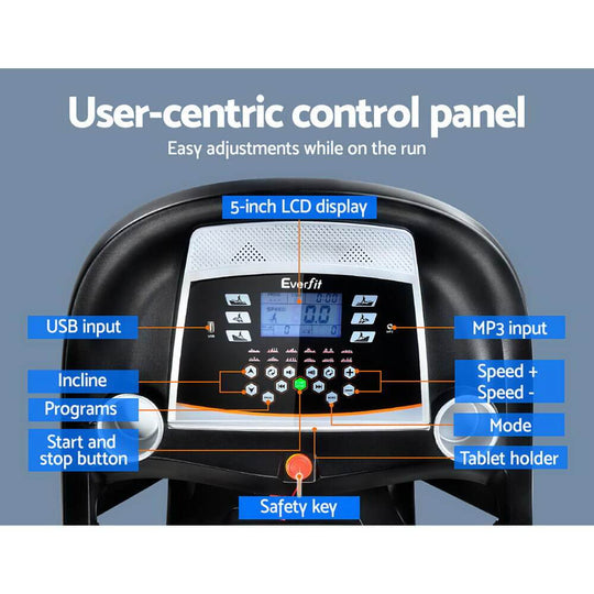 User-centric control panel of Everfit treadmill featuring 5-inch LCD display, USB, MP3 input, and speed controls for easy adjustments.