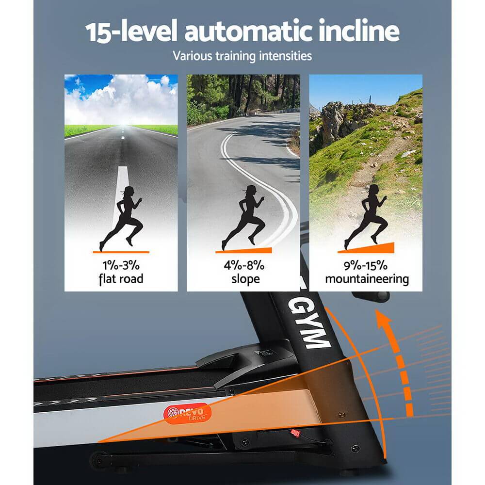 15-level automatic incline feature on Everfit treadmill demonstrating various training intensities for effective workouts.