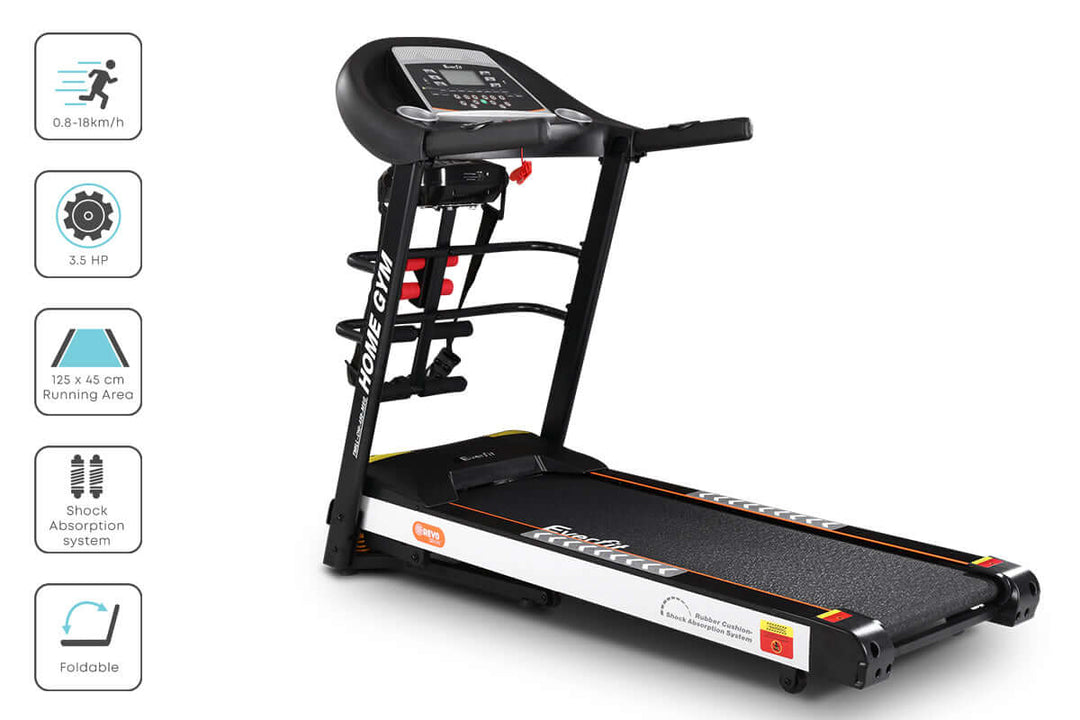 Everfit electric treadmill with a 3.5 HP motor, digital display, and foldable design for home fitness workouts.