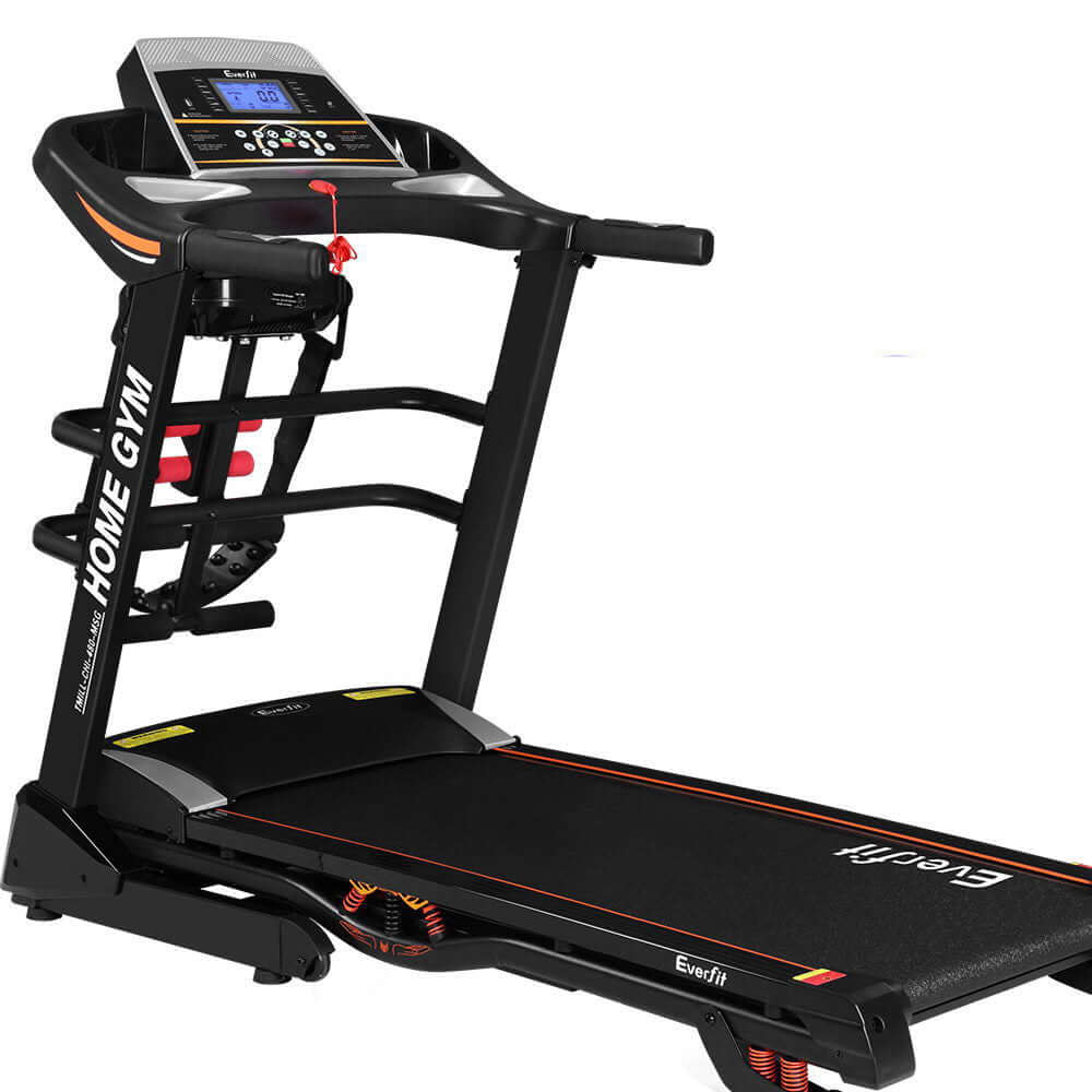 Everfit electric treadmill with LCD display, adjustable speed, and compact design for home gym fitness. Affordable quality exercise machine.