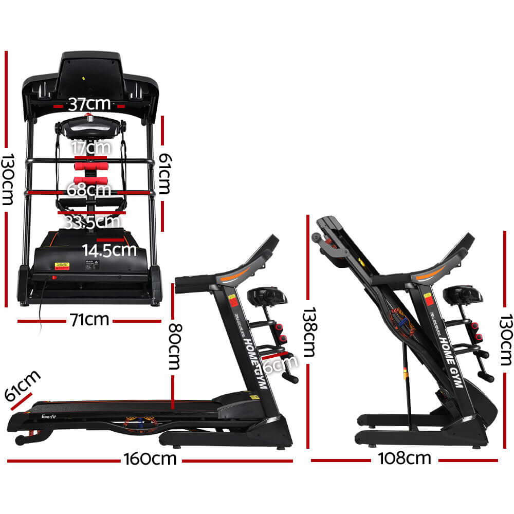 Everfit Treadmill dimensions showing compact design with adjustable height features for home gym use and easy storage.