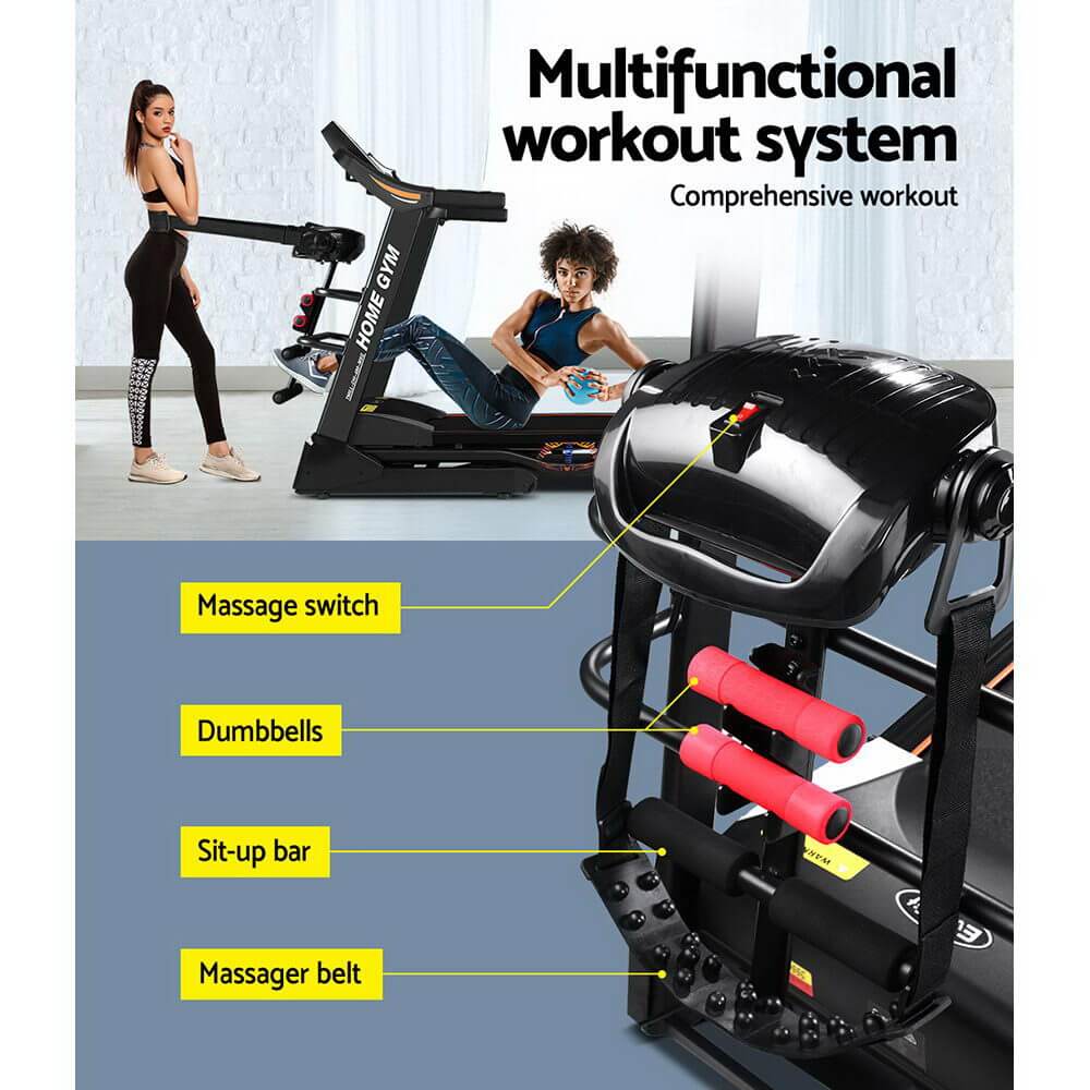 Everfit multifunctional workout system featuring massage switch, dumbbells, sit-up bar, and massager belt for a complete home gym experience.