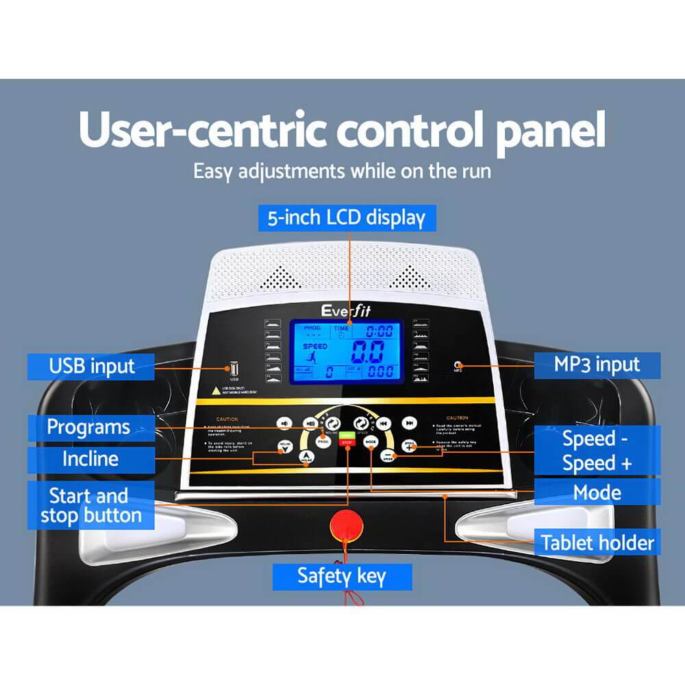 User-centric control panel of Everfit treadmill with 5-inch LCD display, USB input, and safety key for easy adjustments.