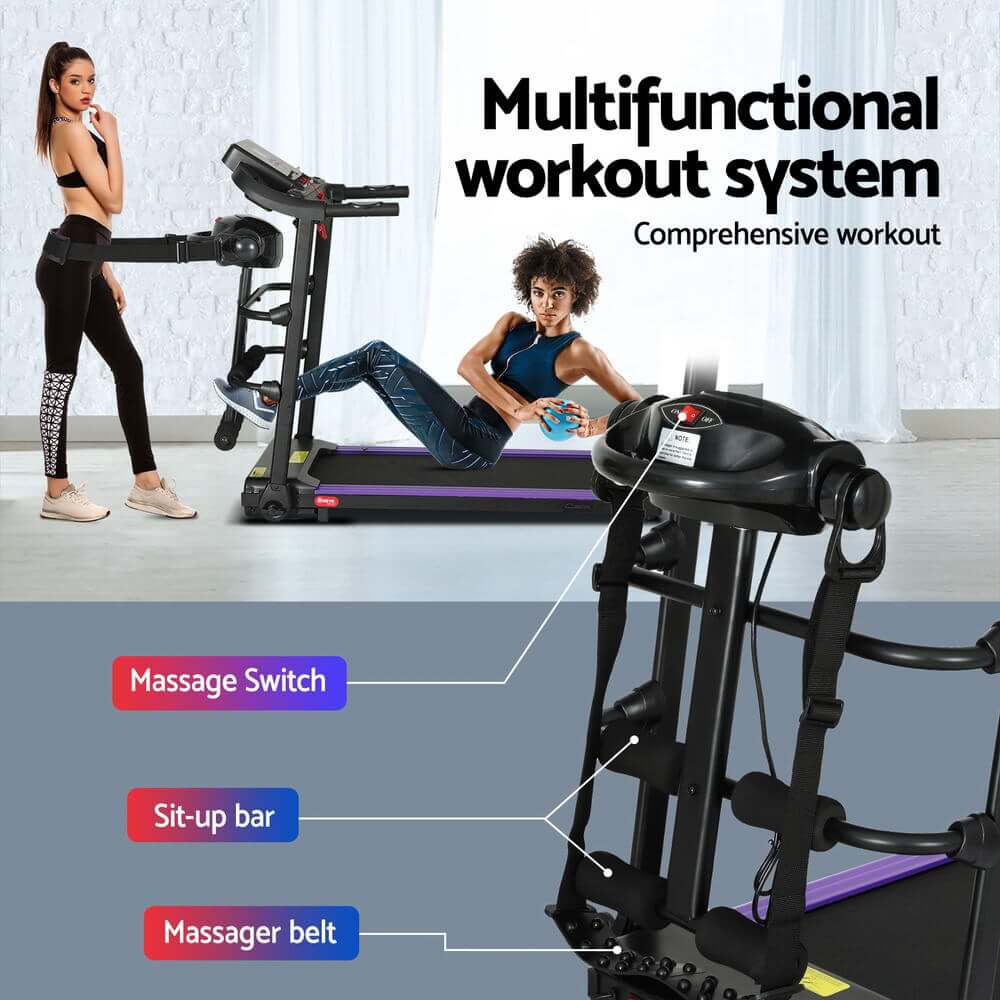 Everfit multifunctional treadmill showcasing a comprehensive workout system with massage features and sit-up bar.