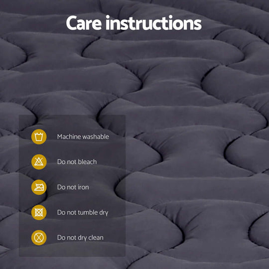 Care instructions for Giselle Bedding Mattress Topper: machine washable, no bleach, no iron, no tumble dry, no dry clean.