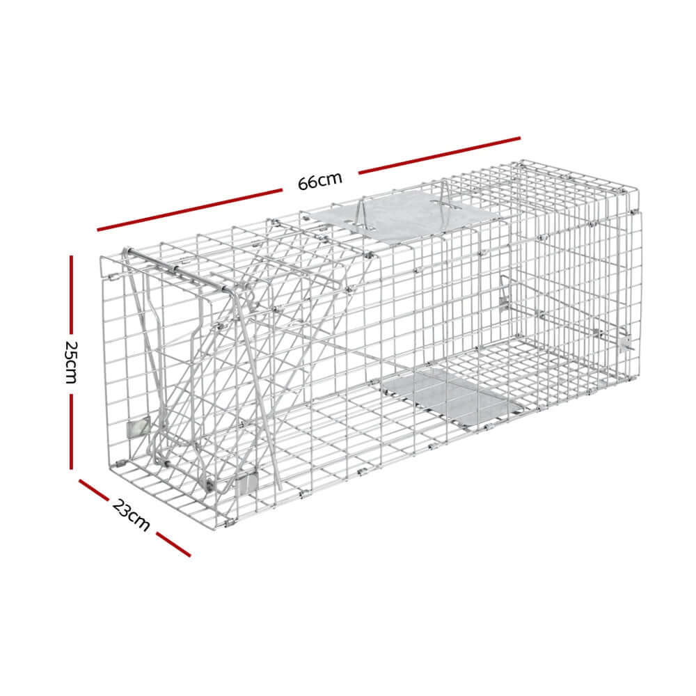 Gardeon humane animal trap cage dimensions 66x23x25cm, rust-resistant galvanised iron for affordable quality pest control.