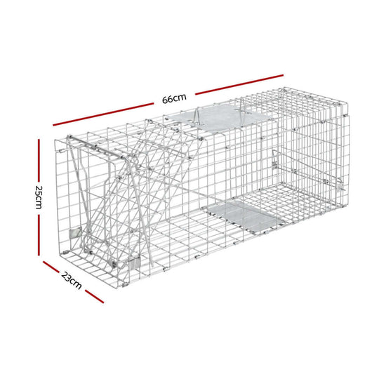 Gardeon humane animal trap cage dimensions 66x23x25cm, rust-resistant galvanised iron for affordable quality pest control.