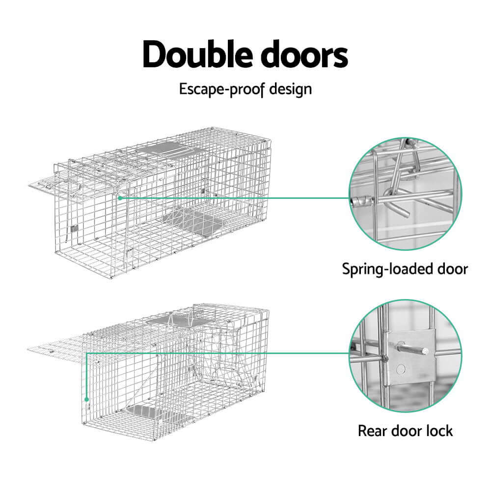 Double door escape-proof animal trap design with spring-loaded mechanism and secure rear lock for humane use.