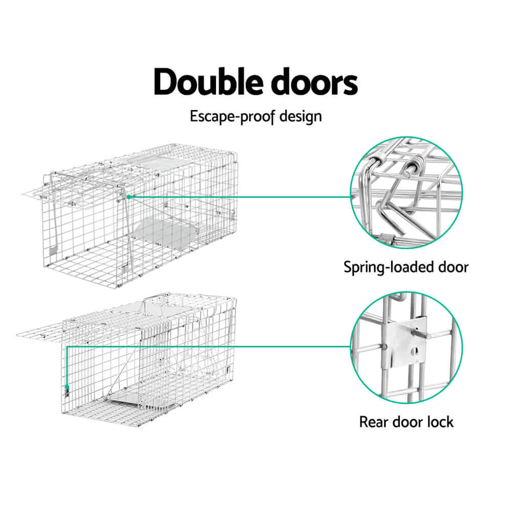 Gardeon animal trap cage with double doors and spring-loaded mechanism for humane pest control. Affordable and quality design.