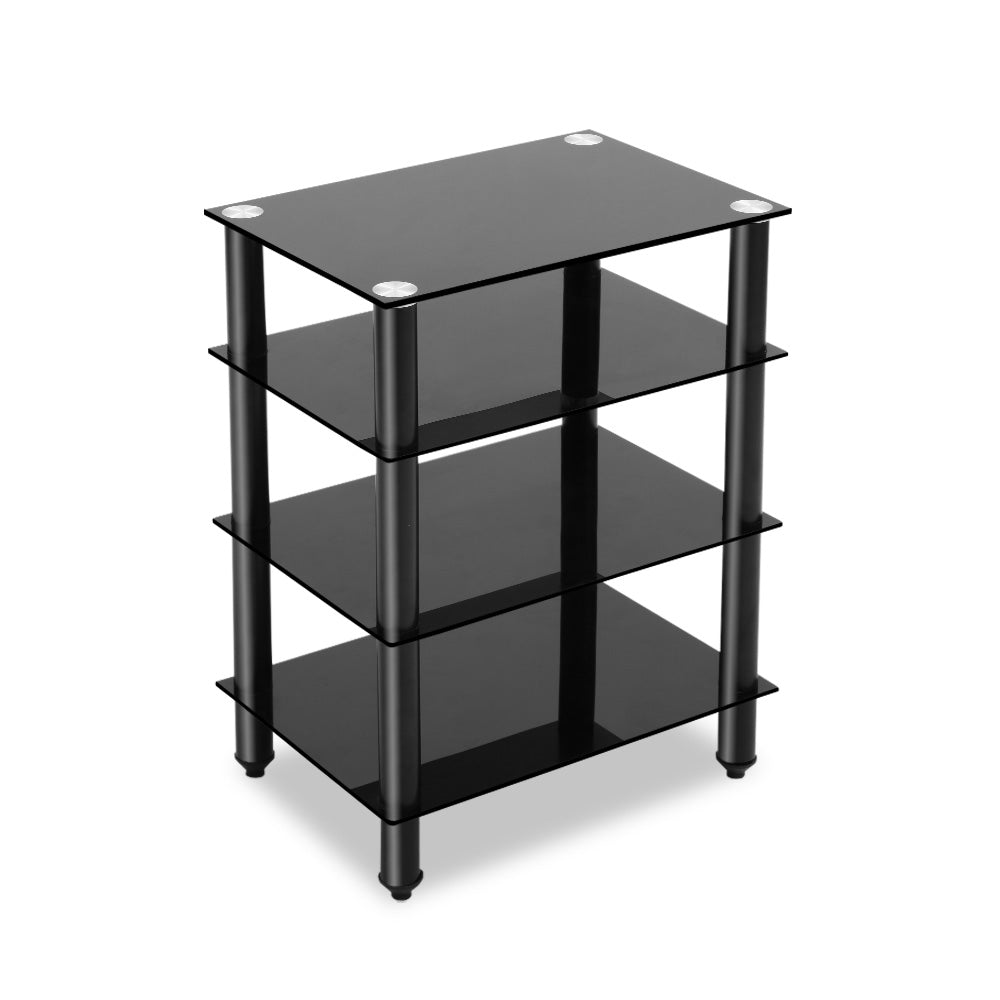 Artiss 4-tier TV stand with tempered glass shelves, sturdy aluminum frame, modern black design for media storage.