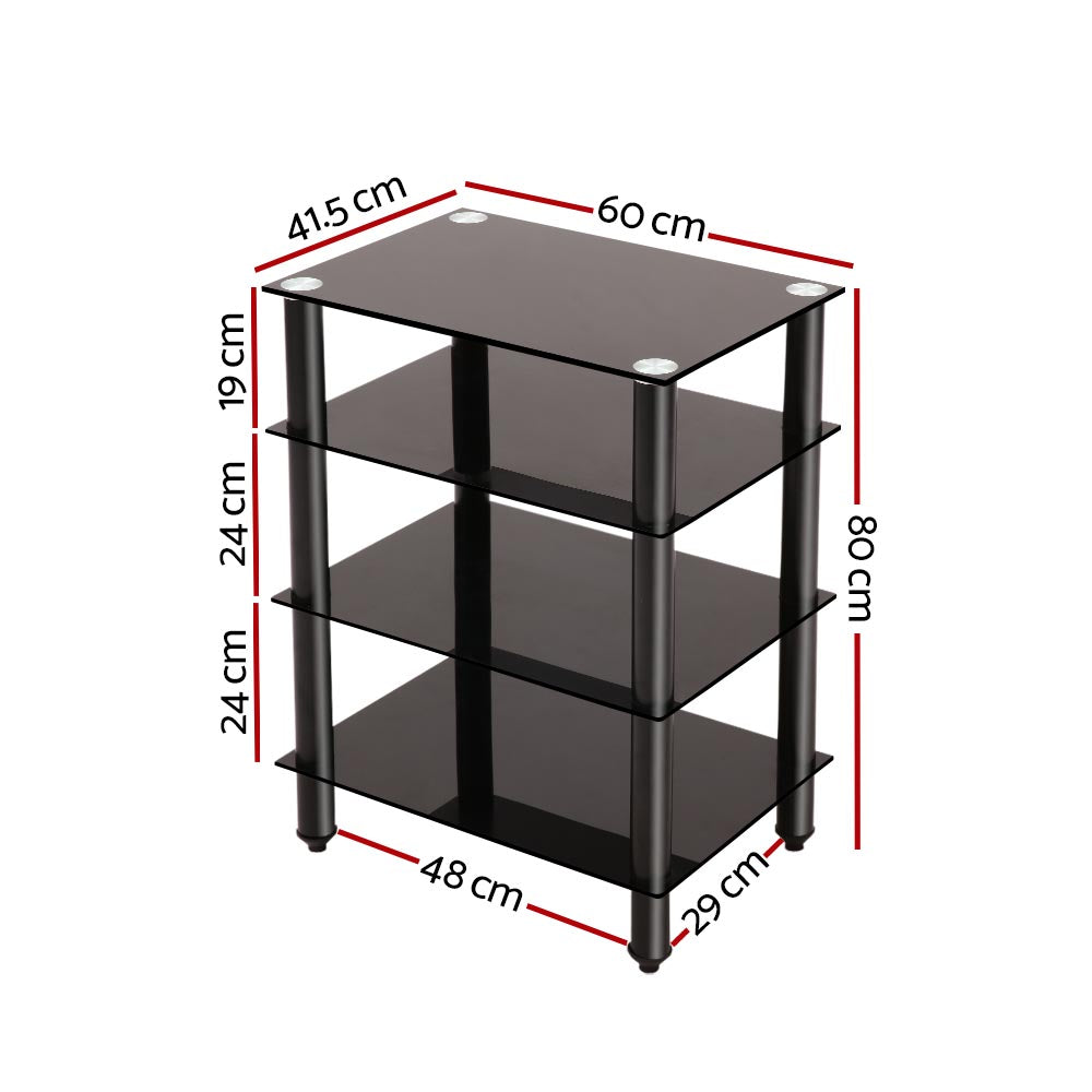 Artiss 4-tier TV stand with tempered glass shelves and aluminum frame, dimensions labeled for easy reference.