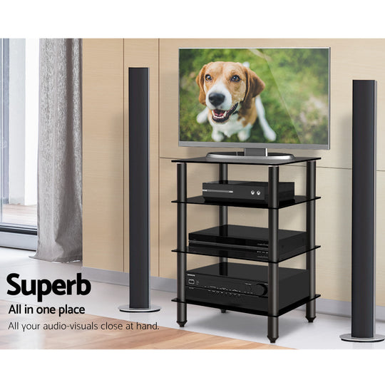 Artiss 4-tier black TV stand with tempered glass shelves, holding audio equipment and displaying a dog on TV.