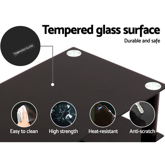 Close-up of tempered glass surface highlighting durability, safety, easy cleaning, heat resistance, and anti-scratch features.