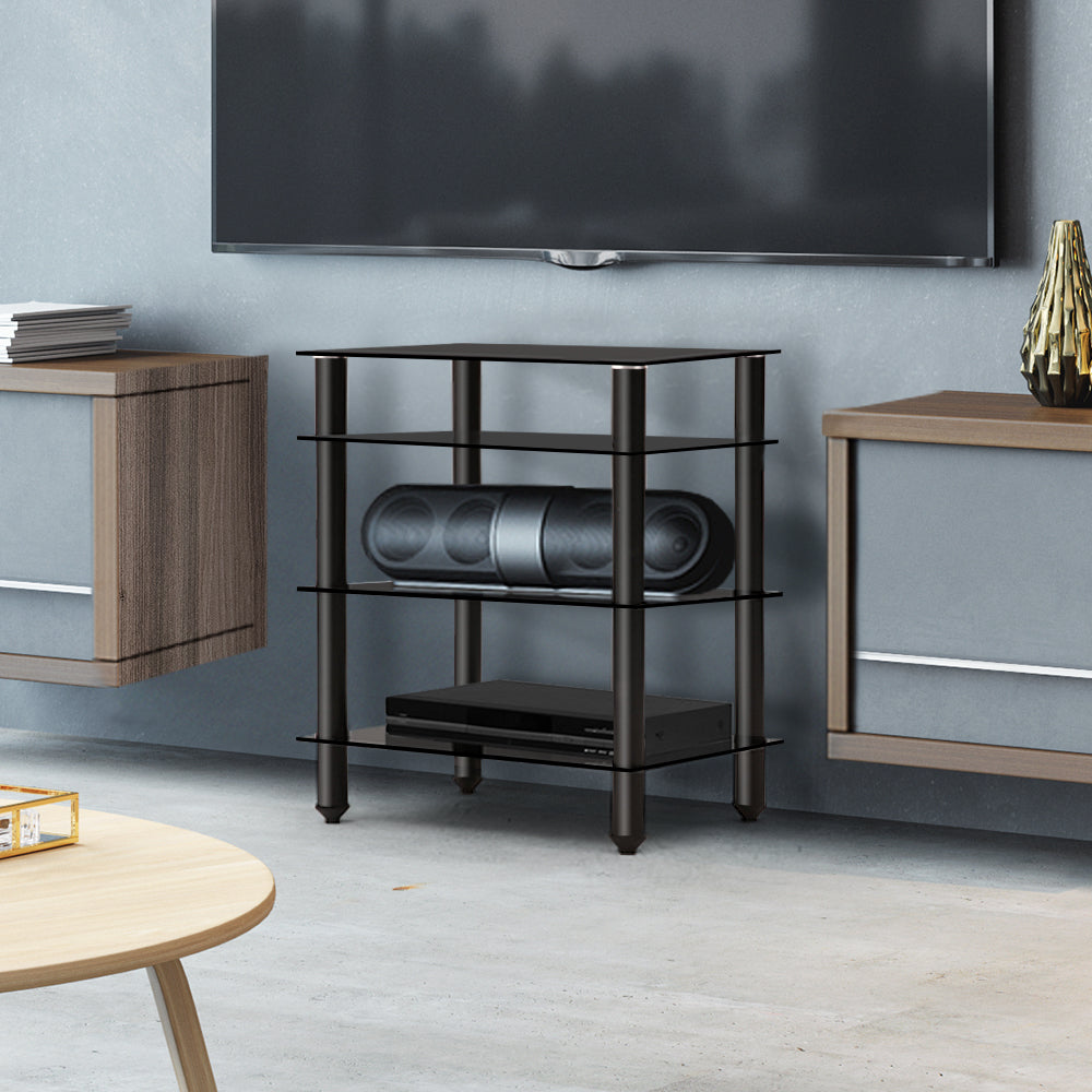 Artiss 4 tier TV stand with tempered glass shelves and black aluminum frame, ideal for media storage.