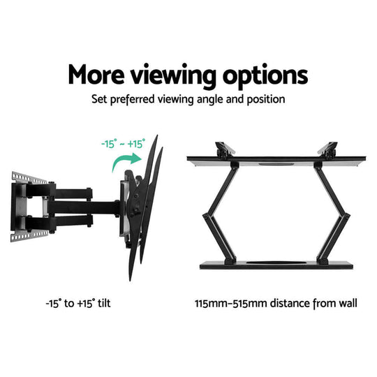 Artiss TV wall mount showing tilt and distance options for optimal viewing angle and comfort.