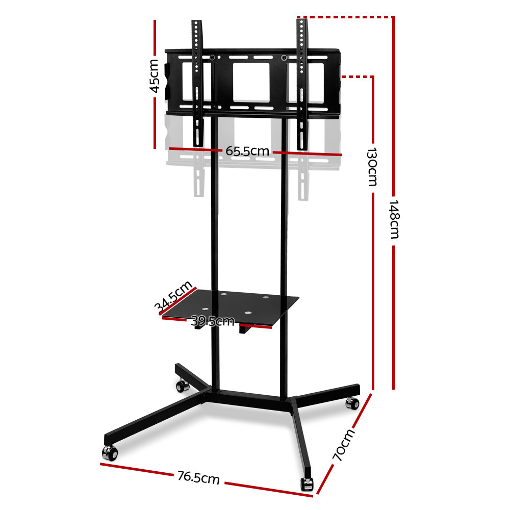 Dimensions of Artiss Mobile TV Stand for 32"-65" TVs, demonstrating sleek black design and portable features.