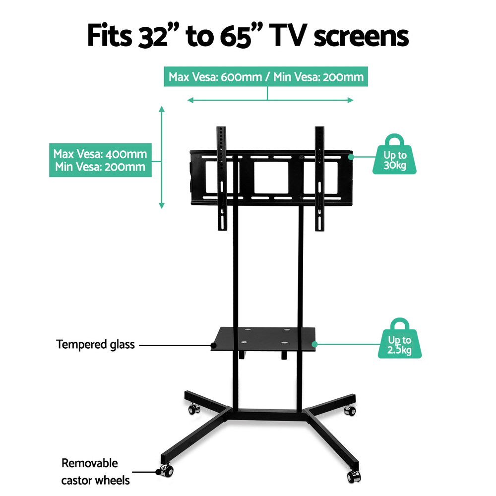 Artiss Mobile TV Stand with specs for 32" to 65" TVs, featuring tempered glass and removable wheels.