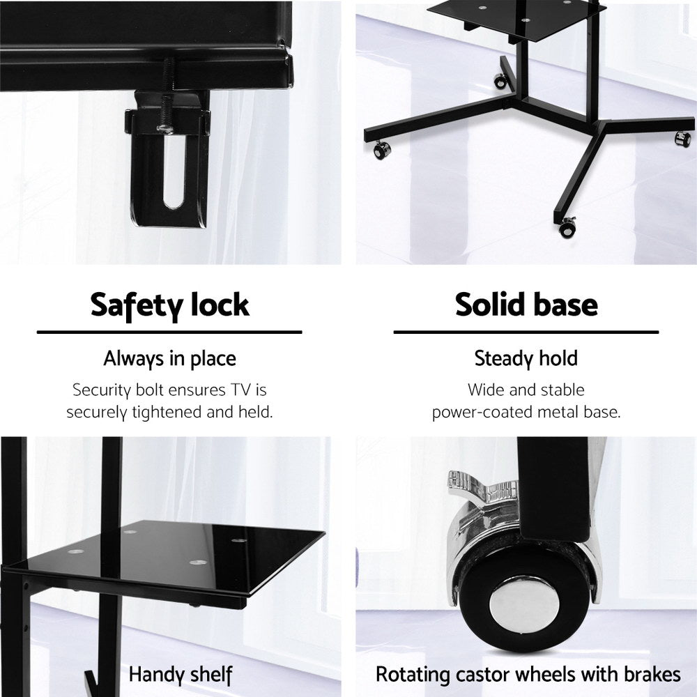 Artiss Mobile TV Stand features safety lock, solid base, handy shelf, and rotating castor wheels with brakes.