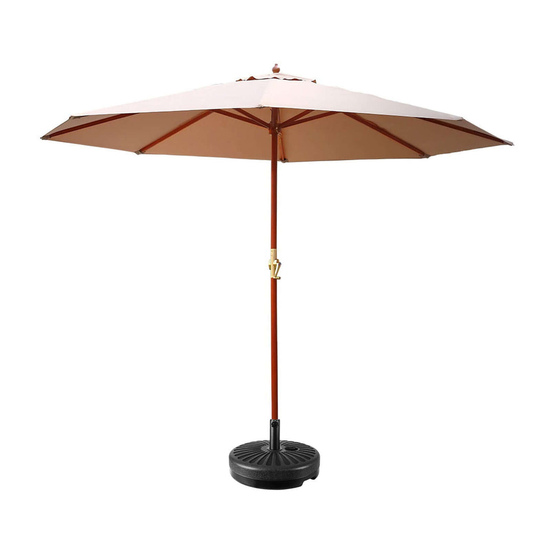 Instahut 3m outdoor umbrella in beige with wooden frame and portable base, perfect for affordable summer shade.