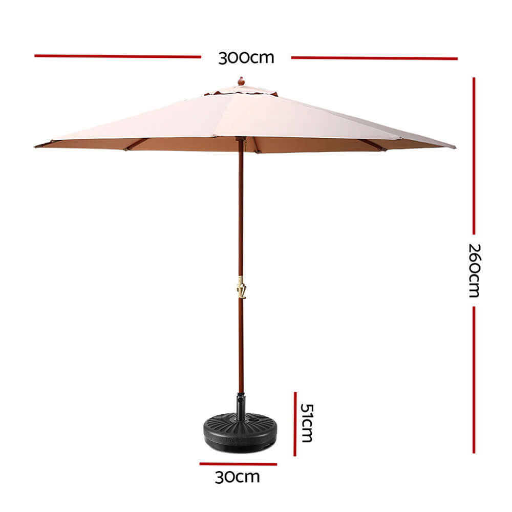 Instahut 3m outdoor umbrella with beige canopy and base, perfect for summer shade and DIY garden decor.