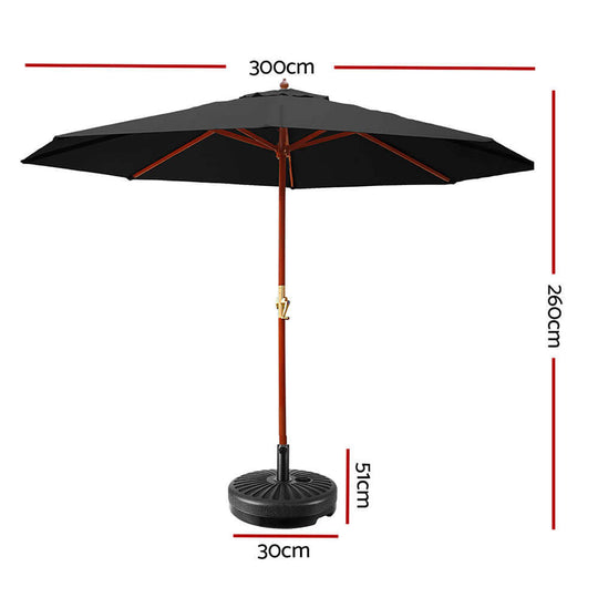 Instahut 3m outdoor umbrella with black UV50+ canopy and portable water-fillable base for sun protection.