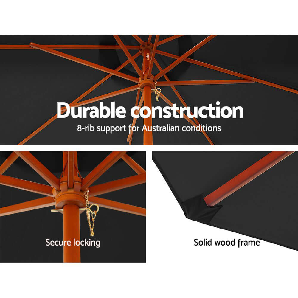 Instahut 3m outdoor umbrella showing durable 8-rib construction, secure locking, and solid wood frame for quality shade.