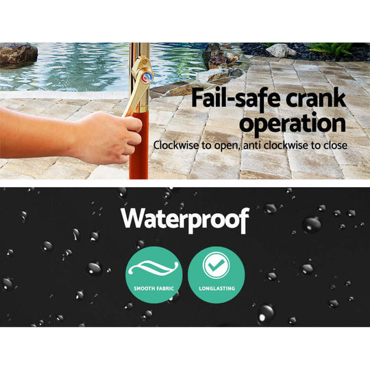 Fail-safe crank operation of Instahut outdoor umbrella, showcasing waterproof features and smooth fabric design.