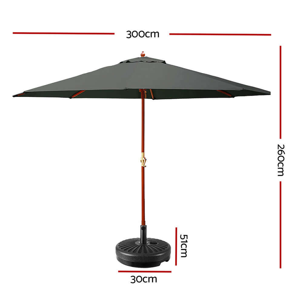 Instahut 3m outdoor umbrella with base, stylish green garden sunshade for affordable sun protection.