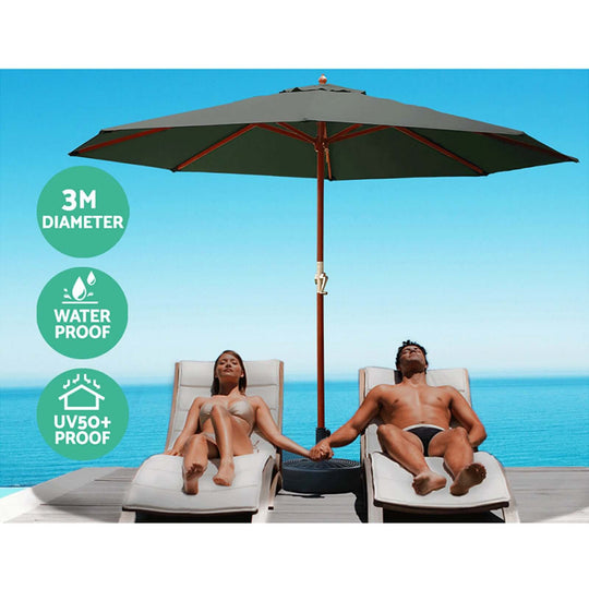 Couple relaxing under a 3m waterproof UV50+ outdoor umbrella, perfect for summer days by the pool or beach.