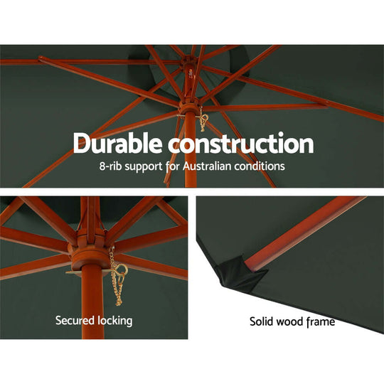 Instahut 3m outdoor umbrella showcasing durable 8-rib support, secured locking, and solid wood frame for quality backyard shade.