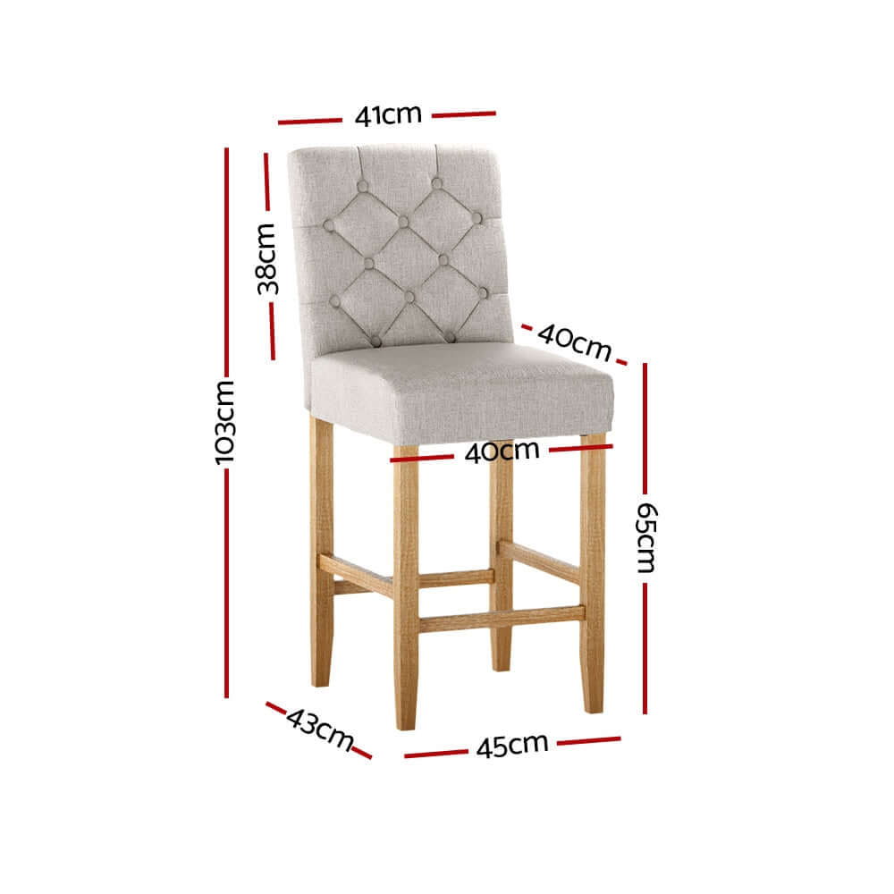 Artiss linen upholstered bar stool with tufted button design and dimensions displayed, ideal for affordable luxury décor.