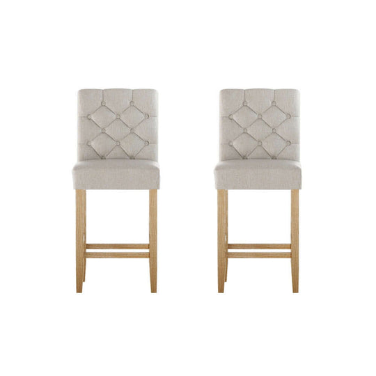 Affordable Artiss bar stools in soft linen upholstery with tufted buttons and wooden legs, perfect for stylish living spaces.