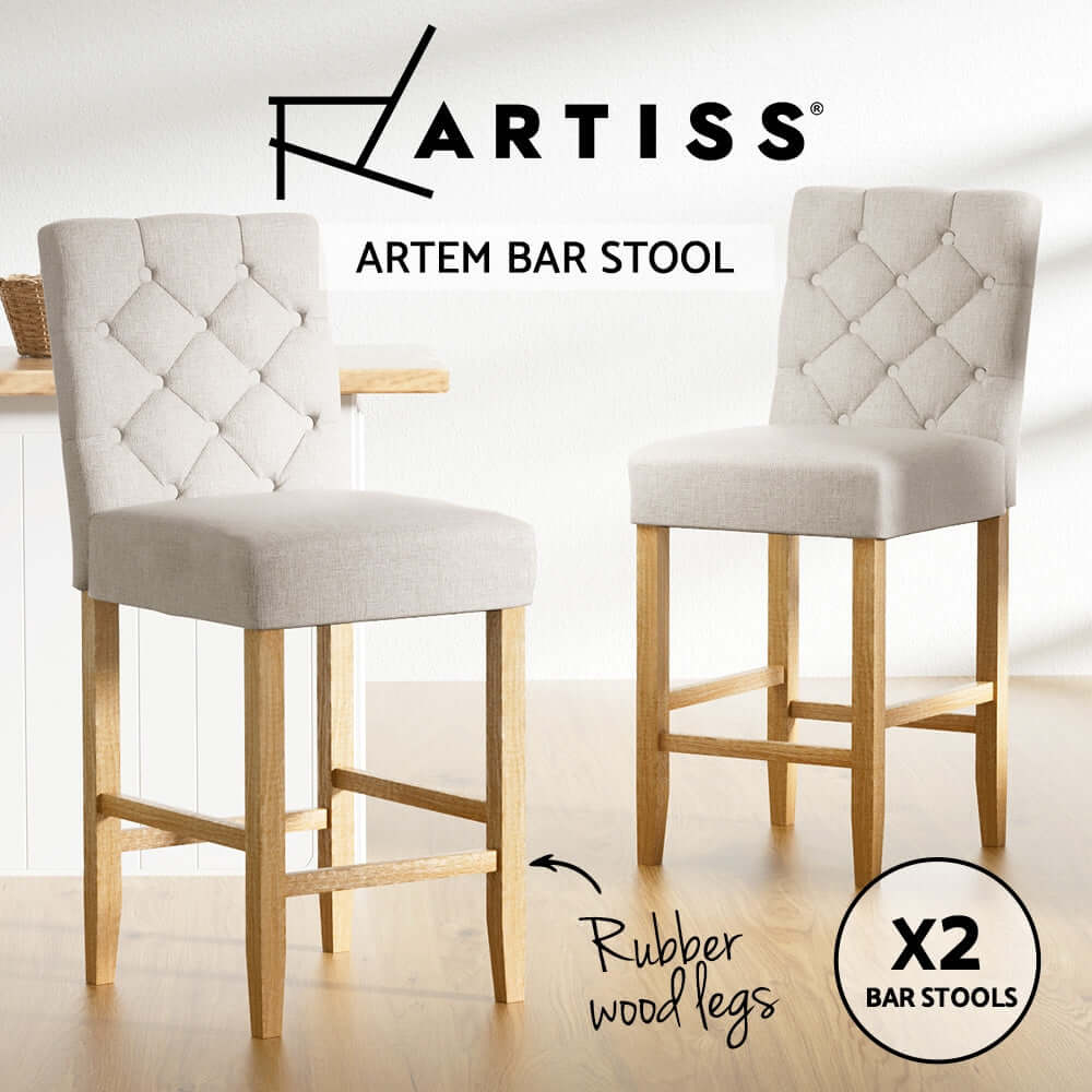 Artiss 2x Artem Bar Stools with tufted linen upholstery and rubber wood legs, combining affordable quality and elegance.