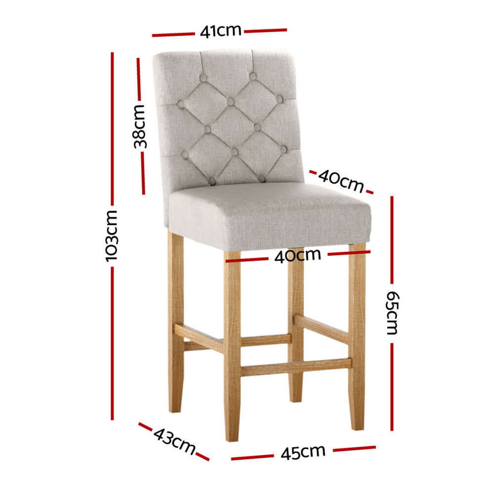 Artiss 4x linen upholstered bar stools with tufted button design and measurements for DIY home styling.