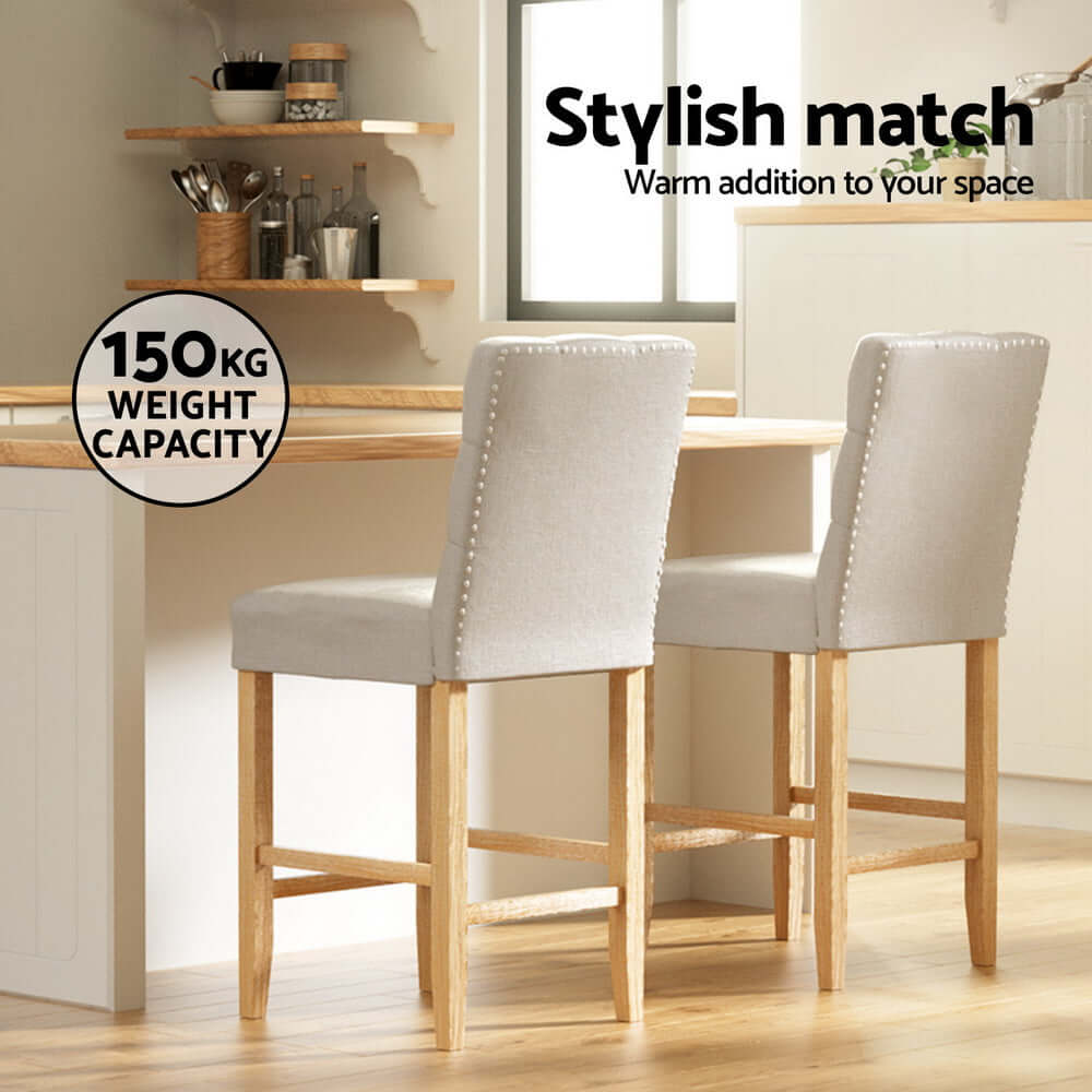 Artiss linen bar stools with sturdy rubberwood legs, stylish and affordable addition to any living space.