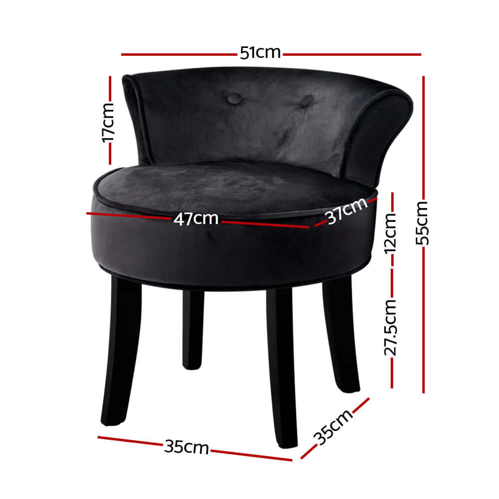 Artiss Abella Velvet Vanity Stool in Black with dimensions 51x47x17cm for quality and affordable DIY styling.