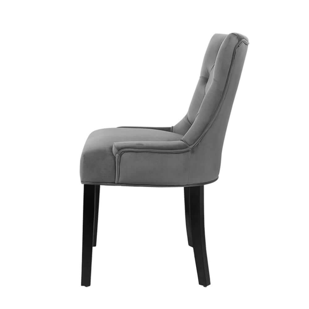 Side view of Artiss Dining Chair, part of a set of 2, upholstered in grey velvet with French Provincial design features, including tufted buttons