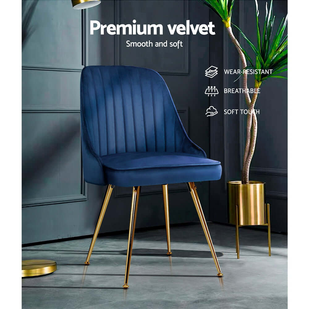 Artiss Dining Chair in Blue Velvet Upholstery with Gold Metal Legs, Highlighting Premium Velvet Fabric, Wear-resistant and Breathable