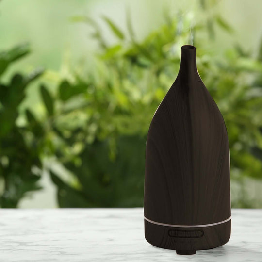 Milano Decor 100ml Ultrasonic Aroma Diffuser in dark wood, perfect for affordable aromatherapy and humidification.