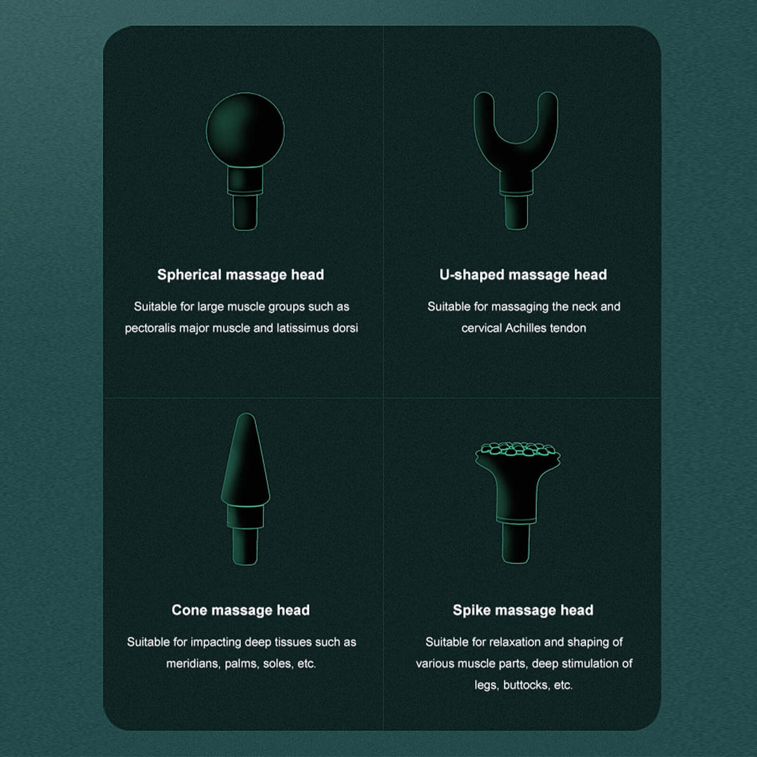 Interchangeable massage heads for FitSmart device: spherical, U-shaped, cone, and spike, each for targeted muscle therapy.