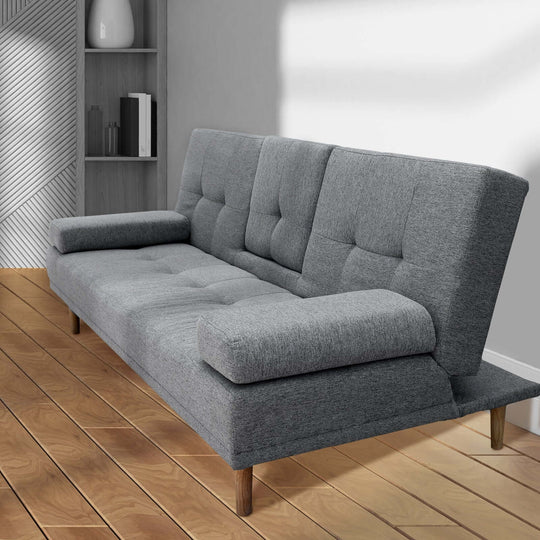 Affordable Casa Decor Mendoza 2-in-1 Sofa Bed Couch in grey, featuring a modern design with a pull-down cupholder.